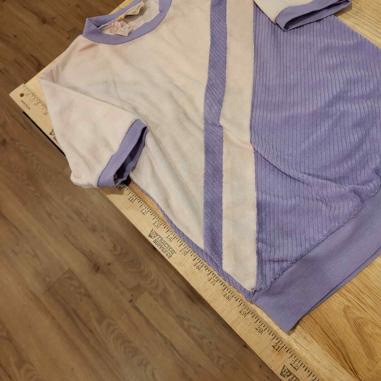 Purple and white geometric stripe vintage terry cloth elastic waist 17" pit2pit