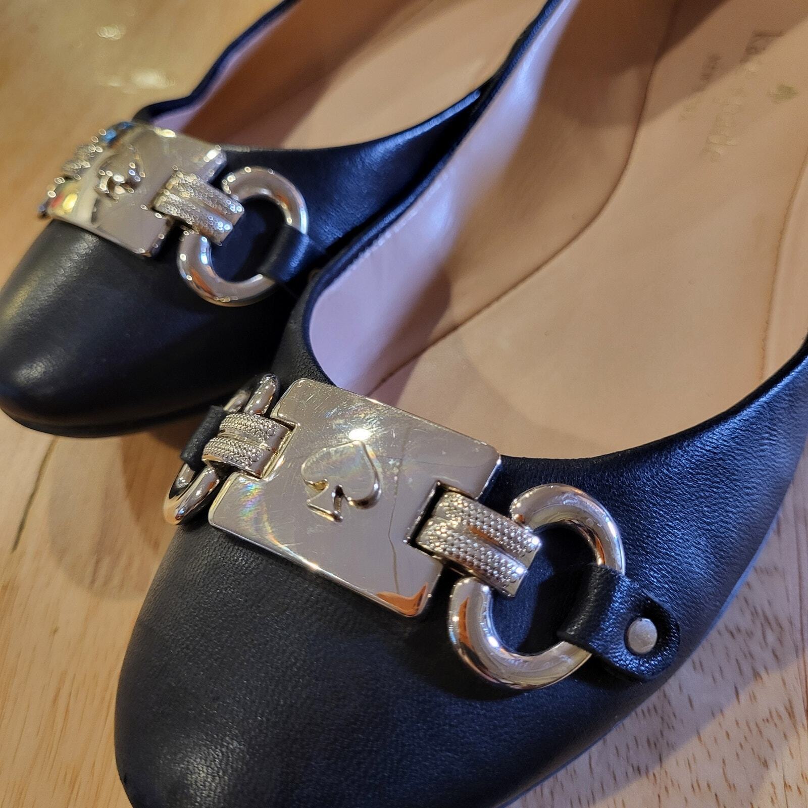 Kate Spade Black Leather Payton  Ballet Flats Silver Hardware Sz. 7 Rubber Sole