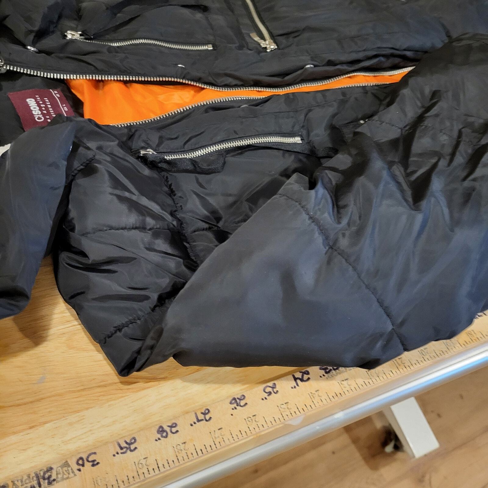 Viral Black Hooded Puffer Coat Orange Lining Silver Zip Pockets Sherling Hood LG