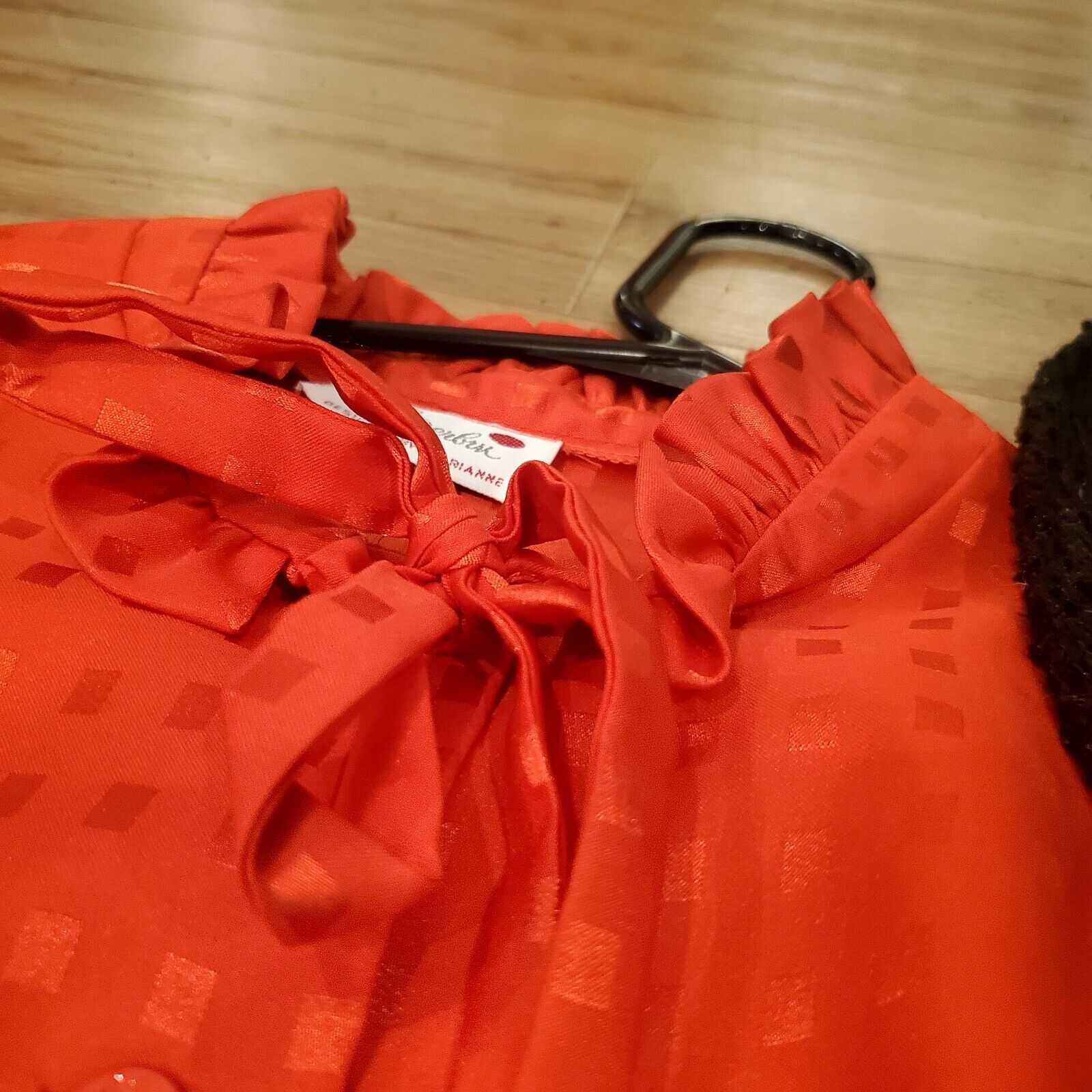 Vintage Red Polyester Shirt Dress Red Check Sateen Ruffle Collar & Cuff Belt