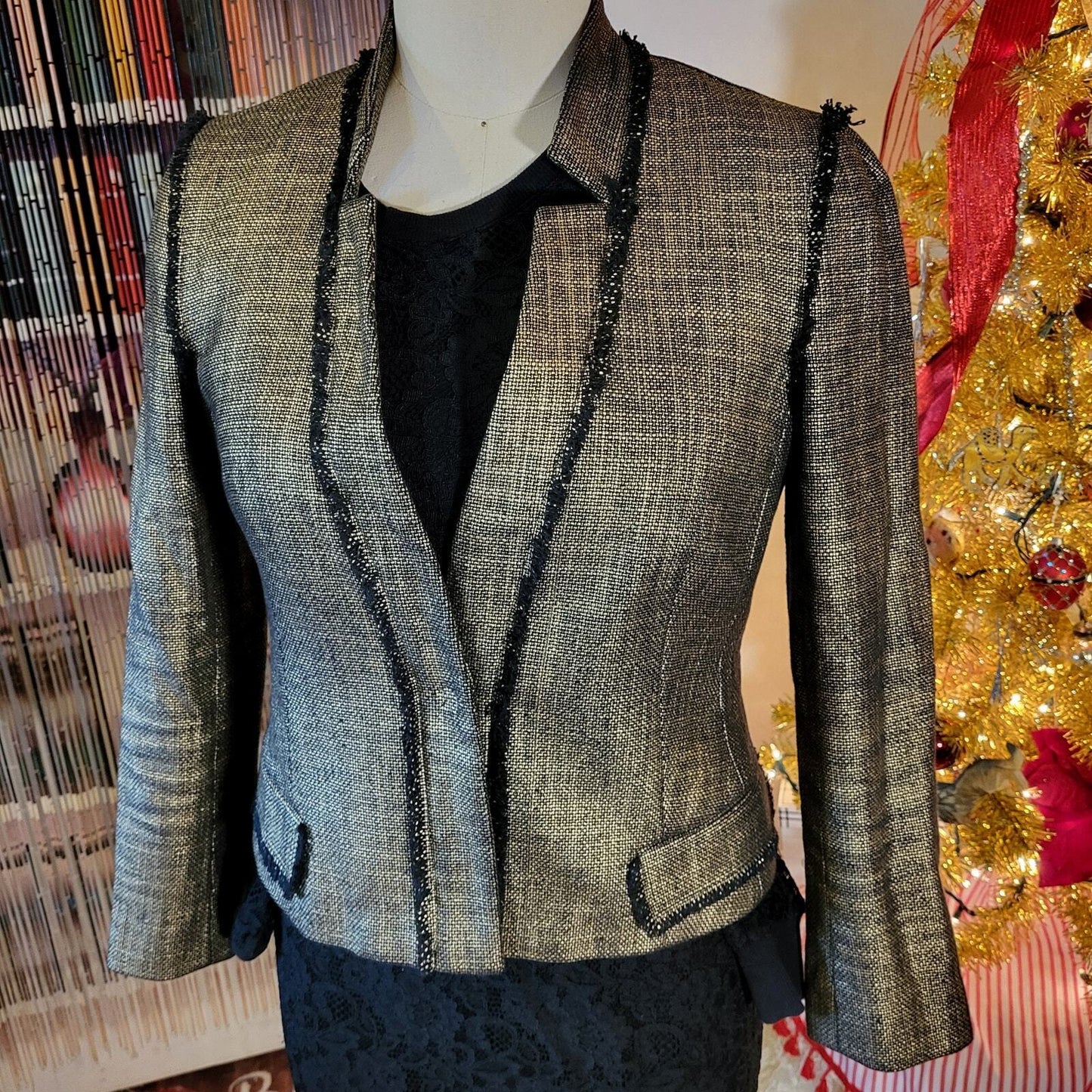 Rachel Zoe Cotton Gold & Black Metallic Blazer Coat Magnet Button Size 10