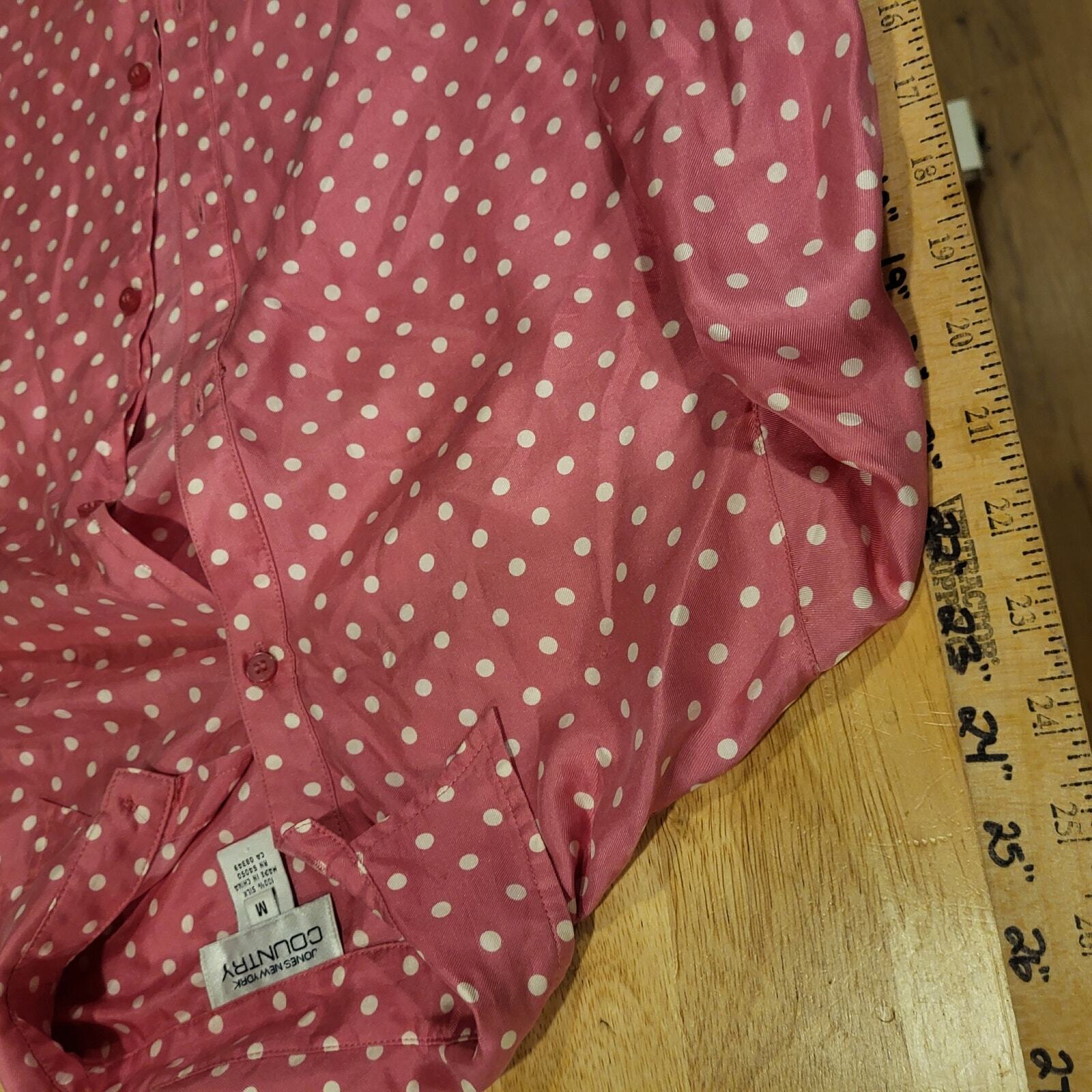 Vintage Jones New York Country Medium Pink Polka Dot Silk Collared Button Down