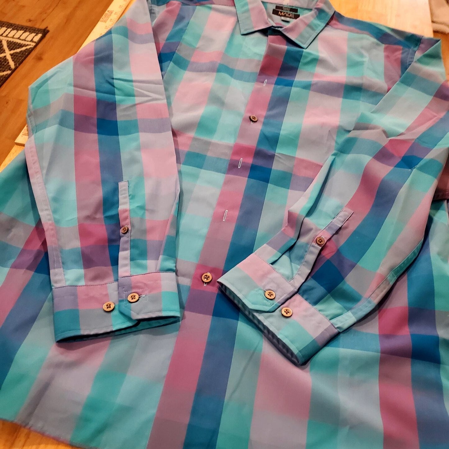 Cam Newton Made XXL Purple Turquoise Plaid Button Down Non-iron 