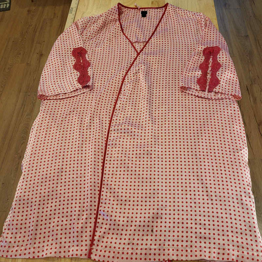 Pink & Red Polka Dot Satin Short Robe Lace Detail 26" Pit To Pit