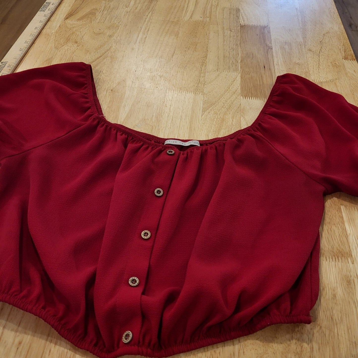 Red Elastic Cold Shoulder Bardot Crop Top Short Puff Sleeve Coquette medium 26"