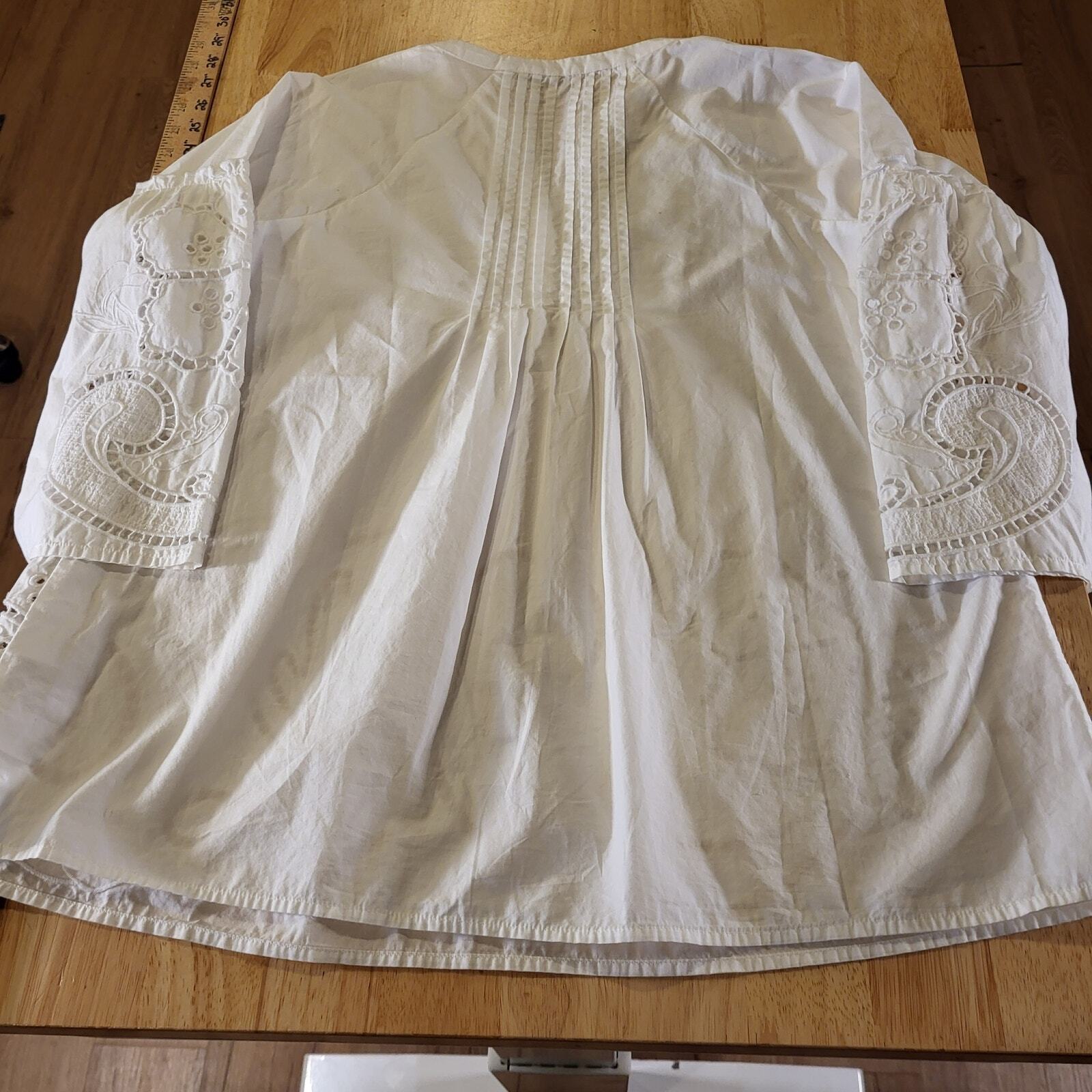 Soft Surroundings White Eyelet Cotton Blouse Pintuck Pleat 3/4" Sleeve XS 