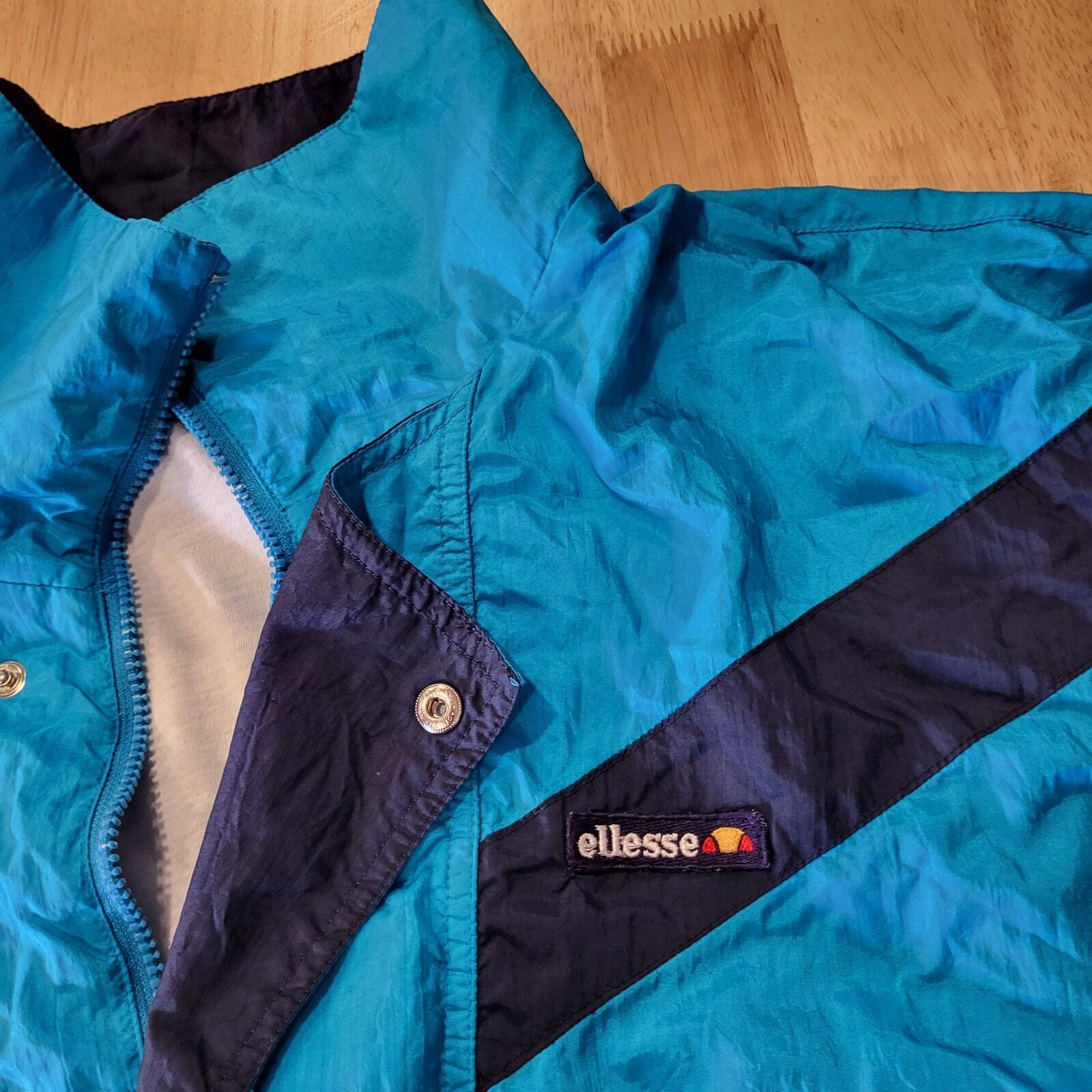 Vintage Ellesse Blue Wind Breaker Full Zip Cotton Lined (elastic wear from age) 