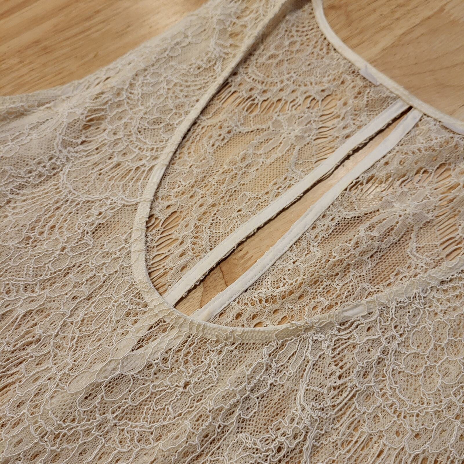 Cream sheer sleeveless lace dress  17" P2P Keyhole 36" Long Fishscale Pattern