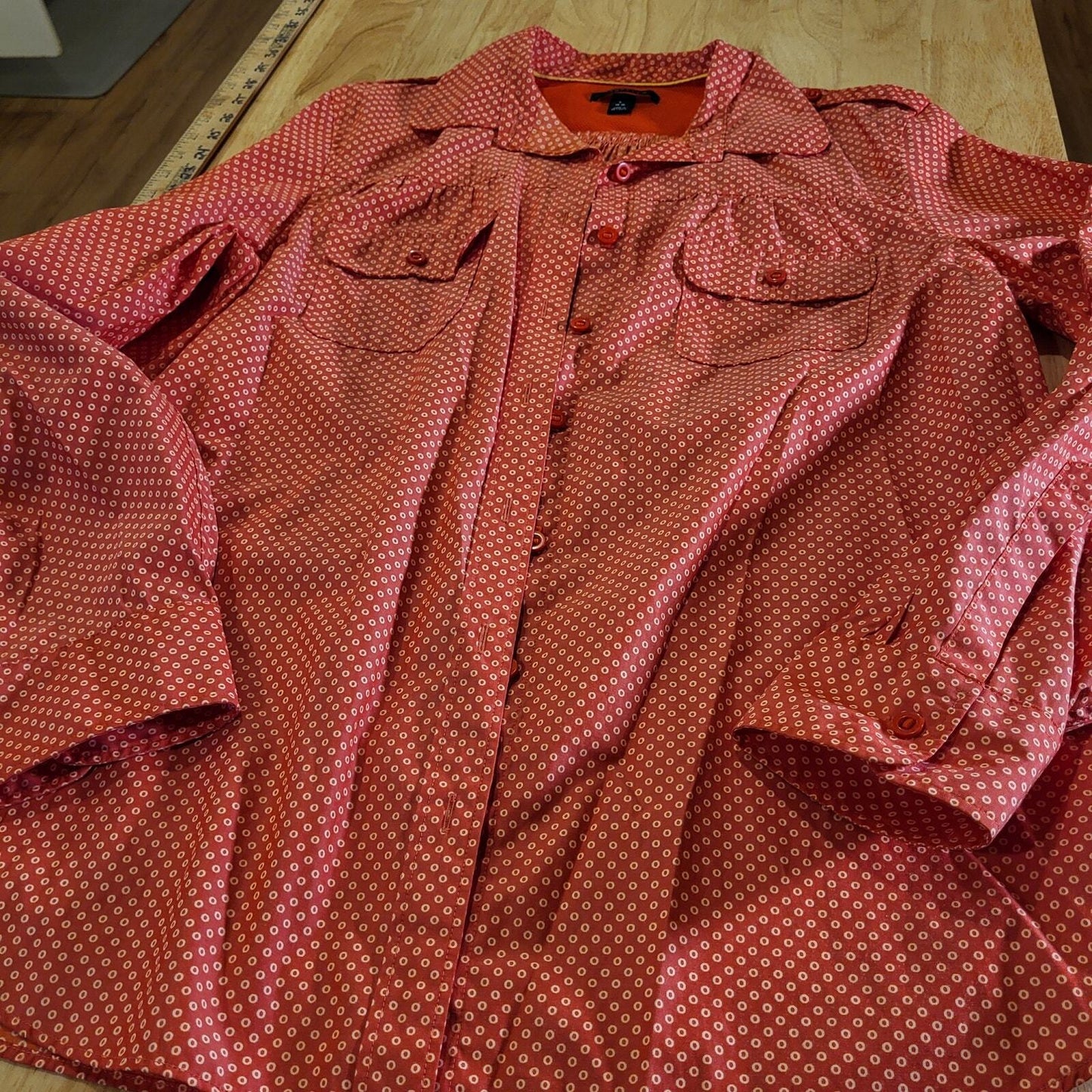 Lands End Large 14/16  Cotton-Poly Blend Red Dotted Button Up Collared shirt