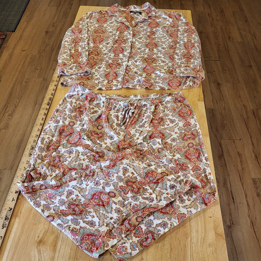 Ralph Lauren Paisley Light Weight Flannel Pajama Set Cotton Button Collared XL