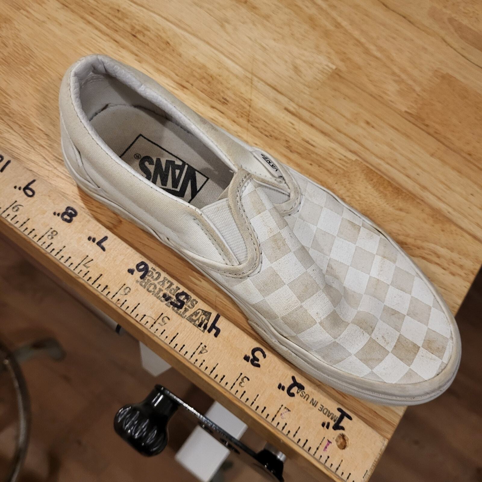 Us Women's Size 6 Vans Checkerboard Slides Beige White 9"