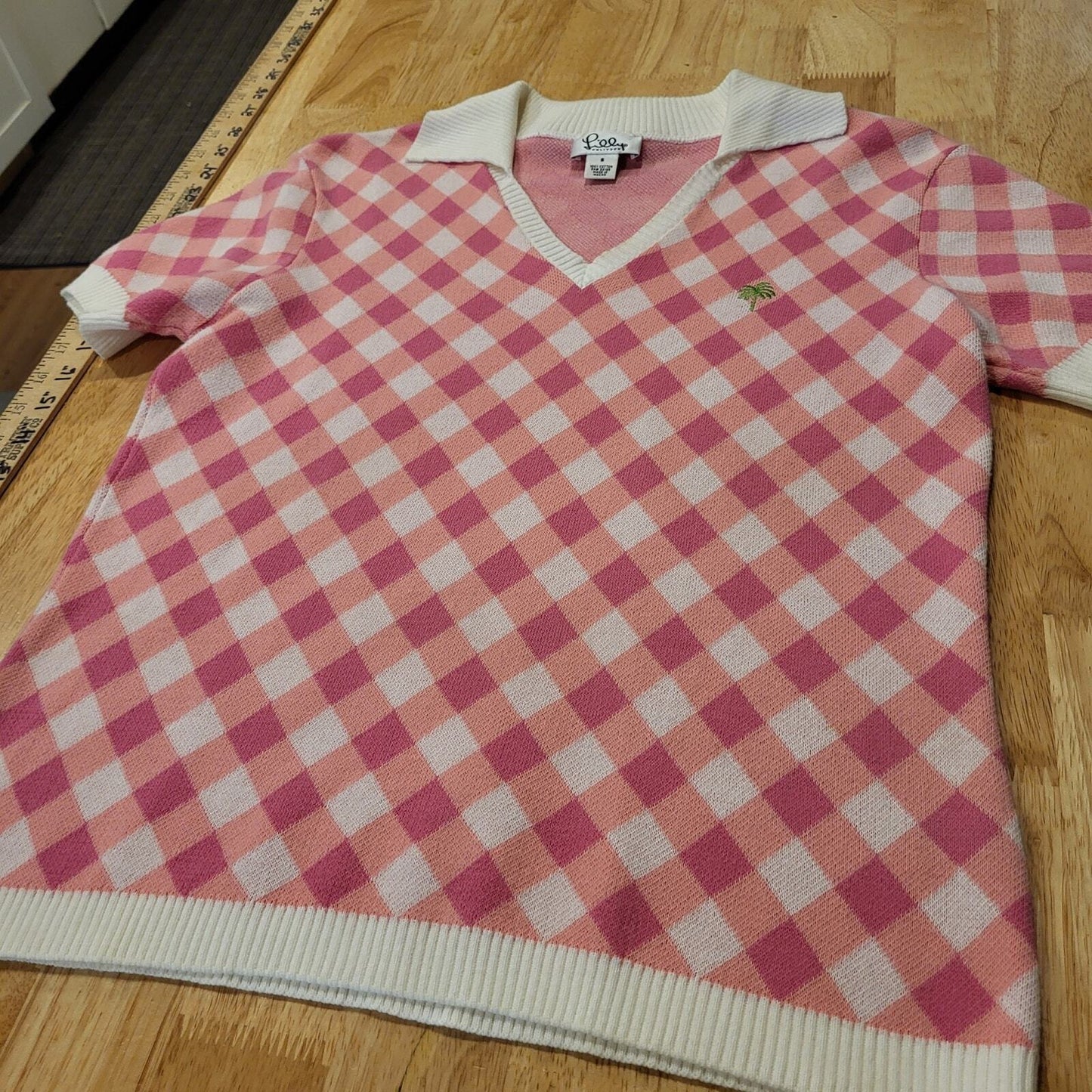 Lilly Pulitzer Gingham Knit Short Sleeve Contrast Collared V-Neck Sweater S