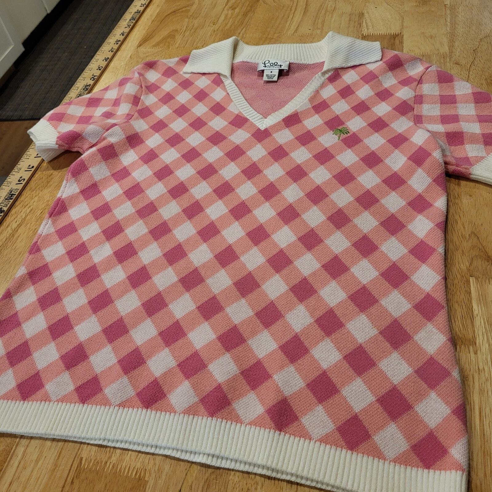 Lilly Pulitzer Gingham Knit Short Sleeve Contrast Collared V-Neck Sweater S