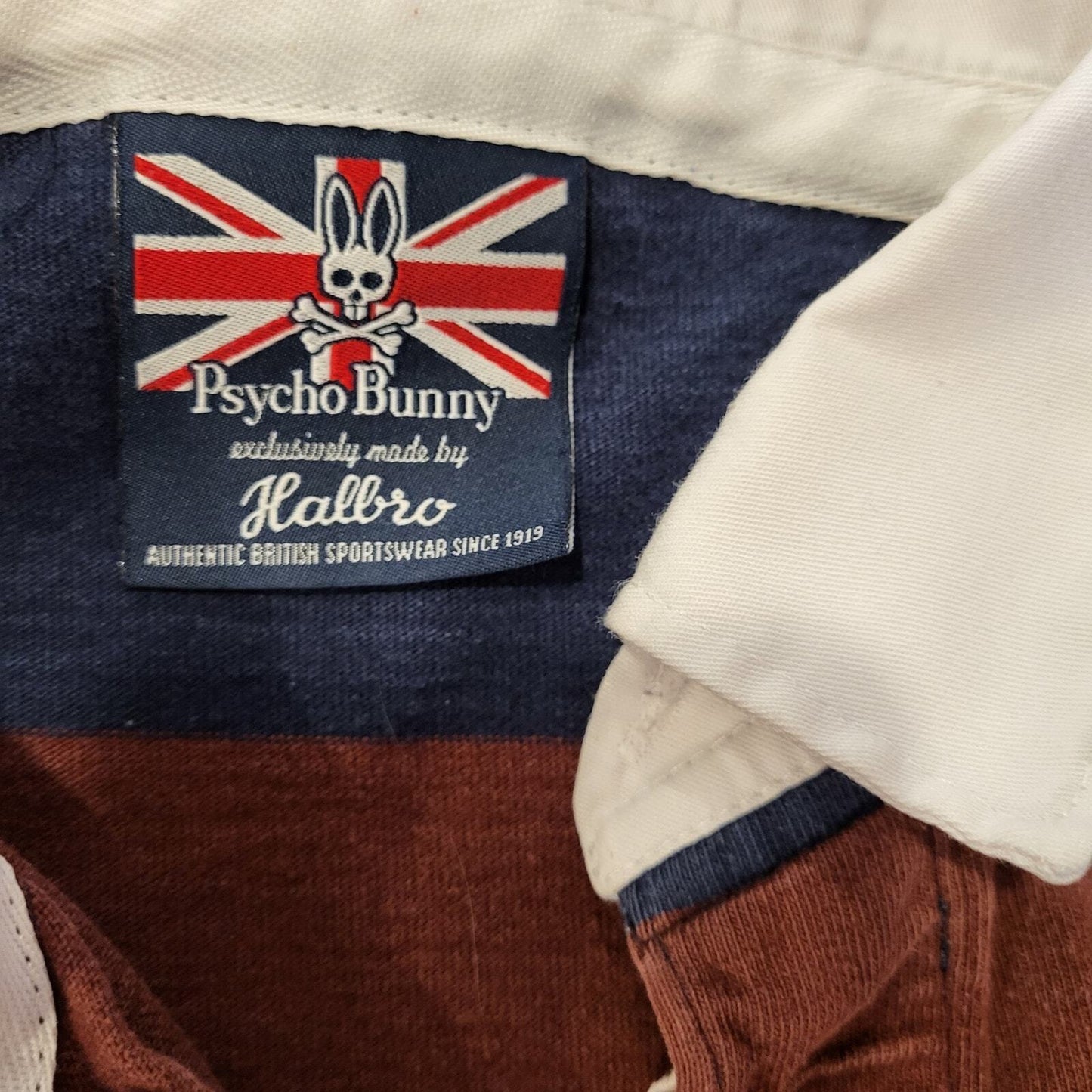 Psycho Bunny Maroon & Blue Rugby Shirt White Collar Logo (see bleach marks) 