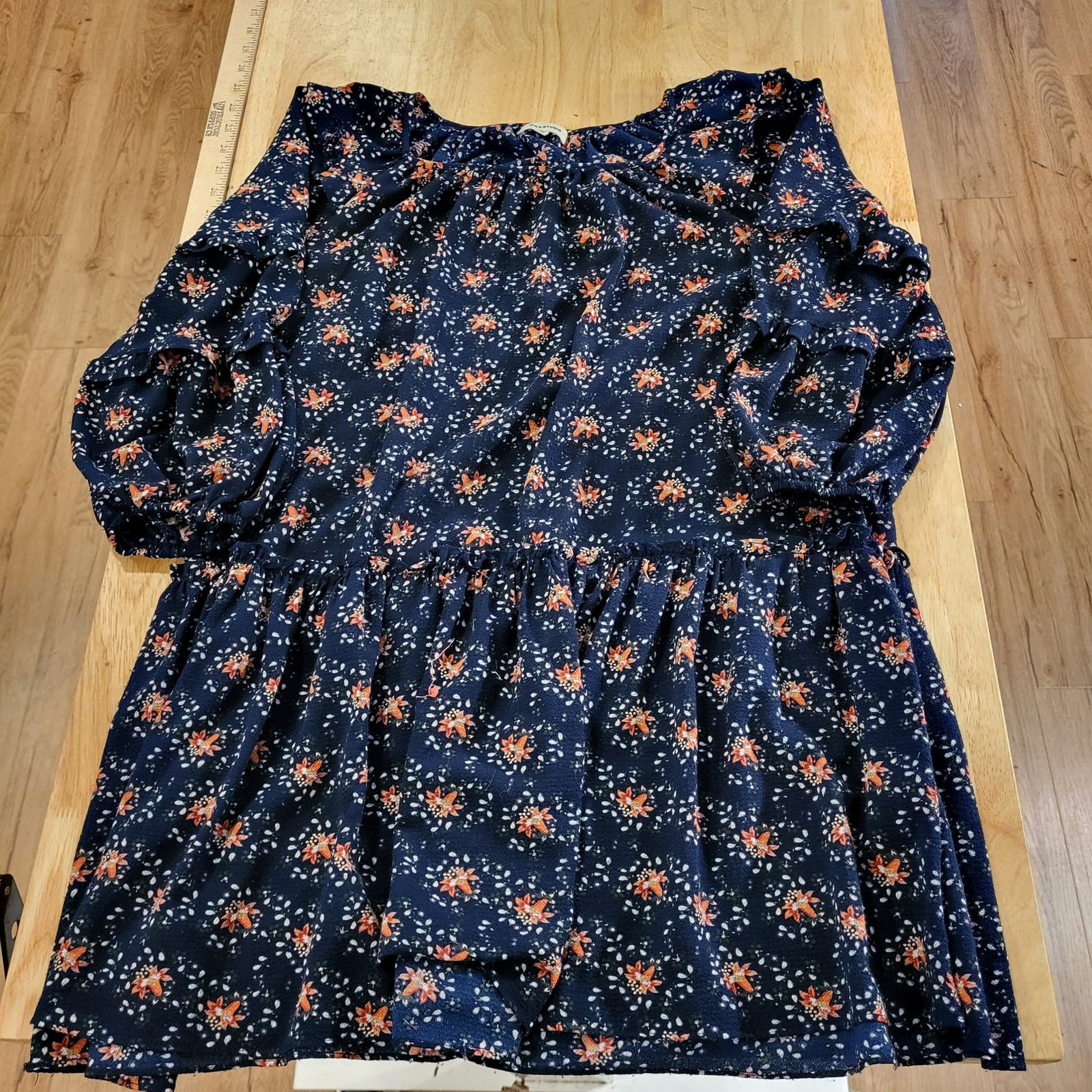 Max Studios Navy Blue Floral Ruffle 3/4 Sleeve Med Knee Length Dress