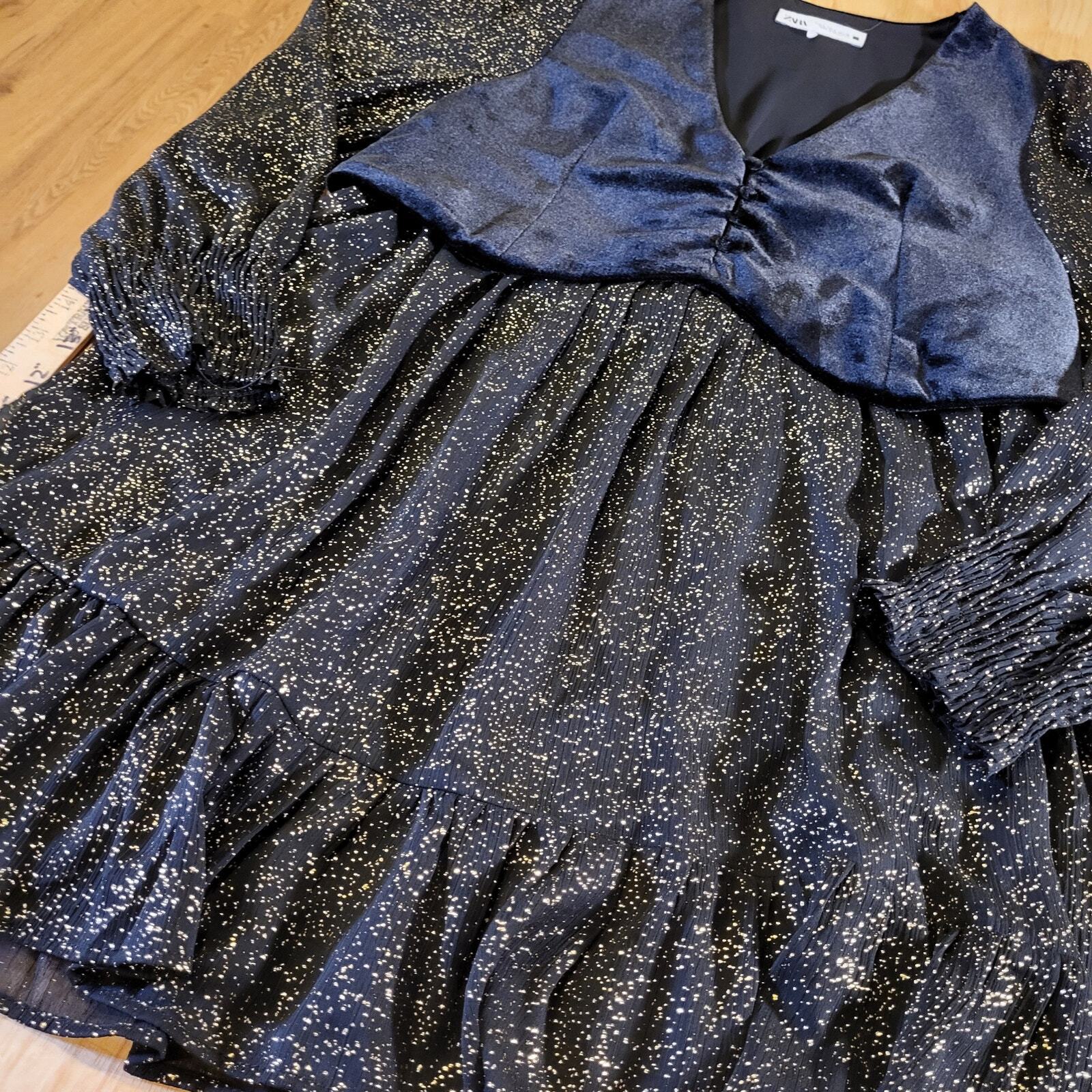 Zara Small Blue Velvet Gold Flecked Sparkle Blue Ruffle 18" P2P 
