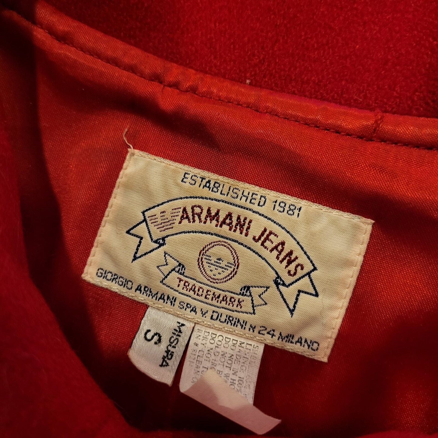 Armani Jeans Vintage Wool Viscose Blend Pea Coat Contrast Lining High Neck