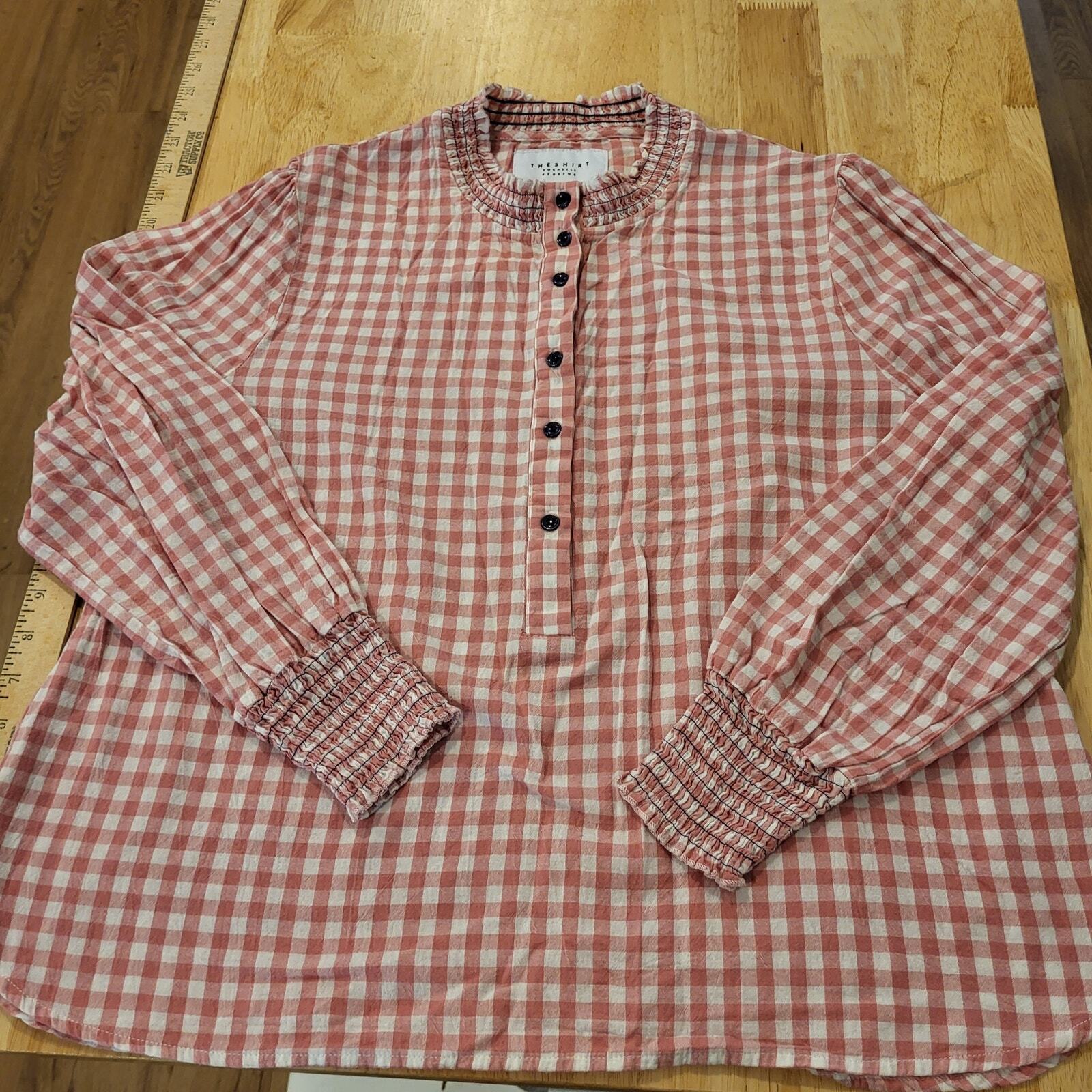 Rochelle Behrens The Shirt Gingham Pink Sheered Collar & Cuff Cotton Long Sleeve