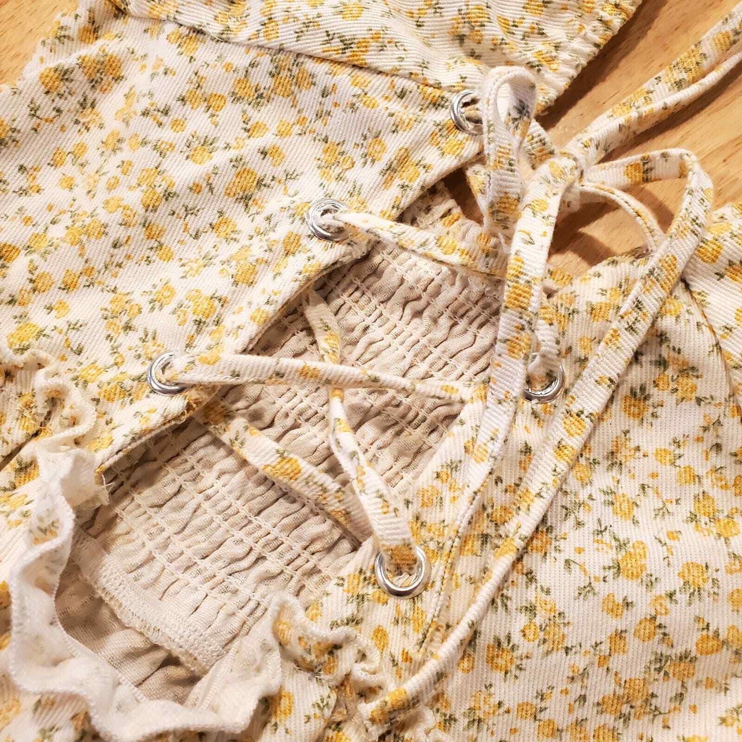 Yellow Floral Denim Puff Sleeve Laced Front Mini