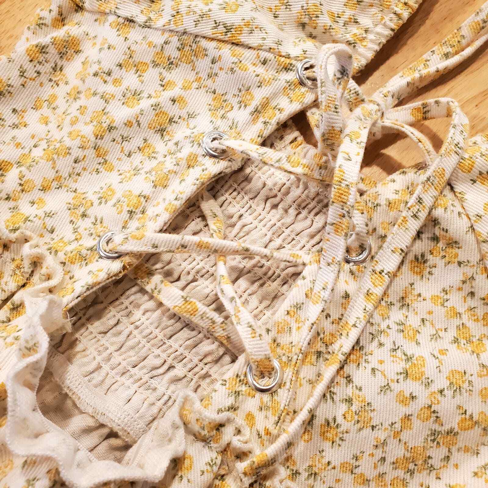 Yellow Floral Denim Puff Sleeve Laced Front Mini