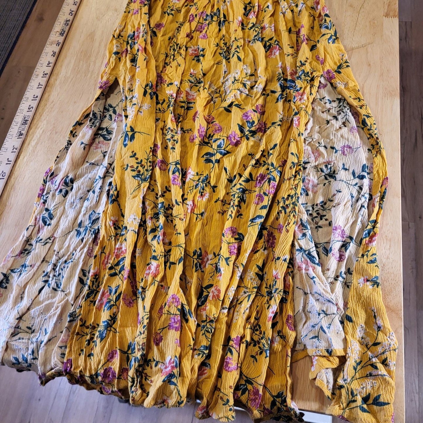Yellow Floral V Neck Flow Flutter Sleeve 12"-22" Waist Tie Maxi Dress