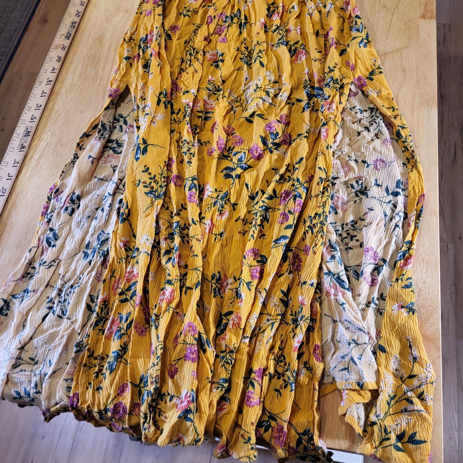 Yellow Floral V Neck Flow Flutter Sleeve 12"-22" Waist Tie Maxi Dress