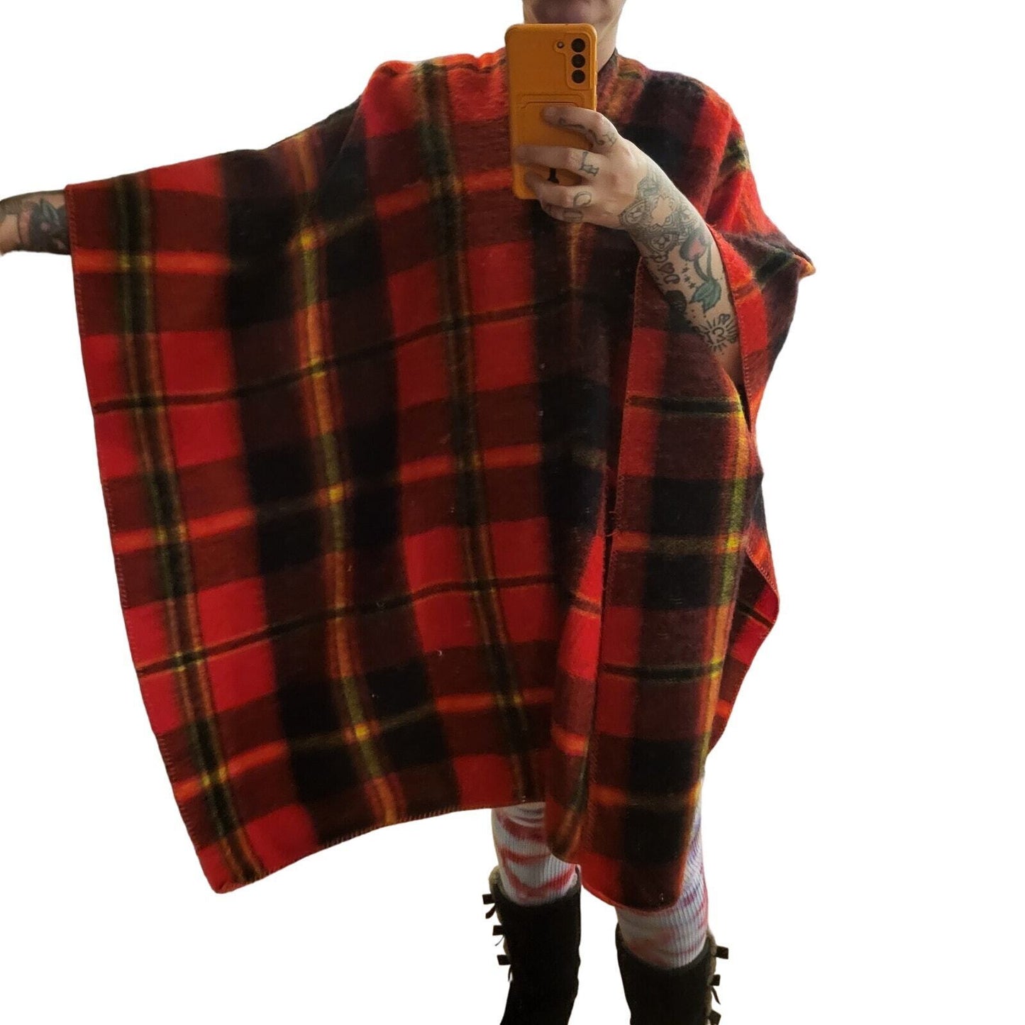 Red Wool Blend Tartan Plaid Poncho Shawl One Size 