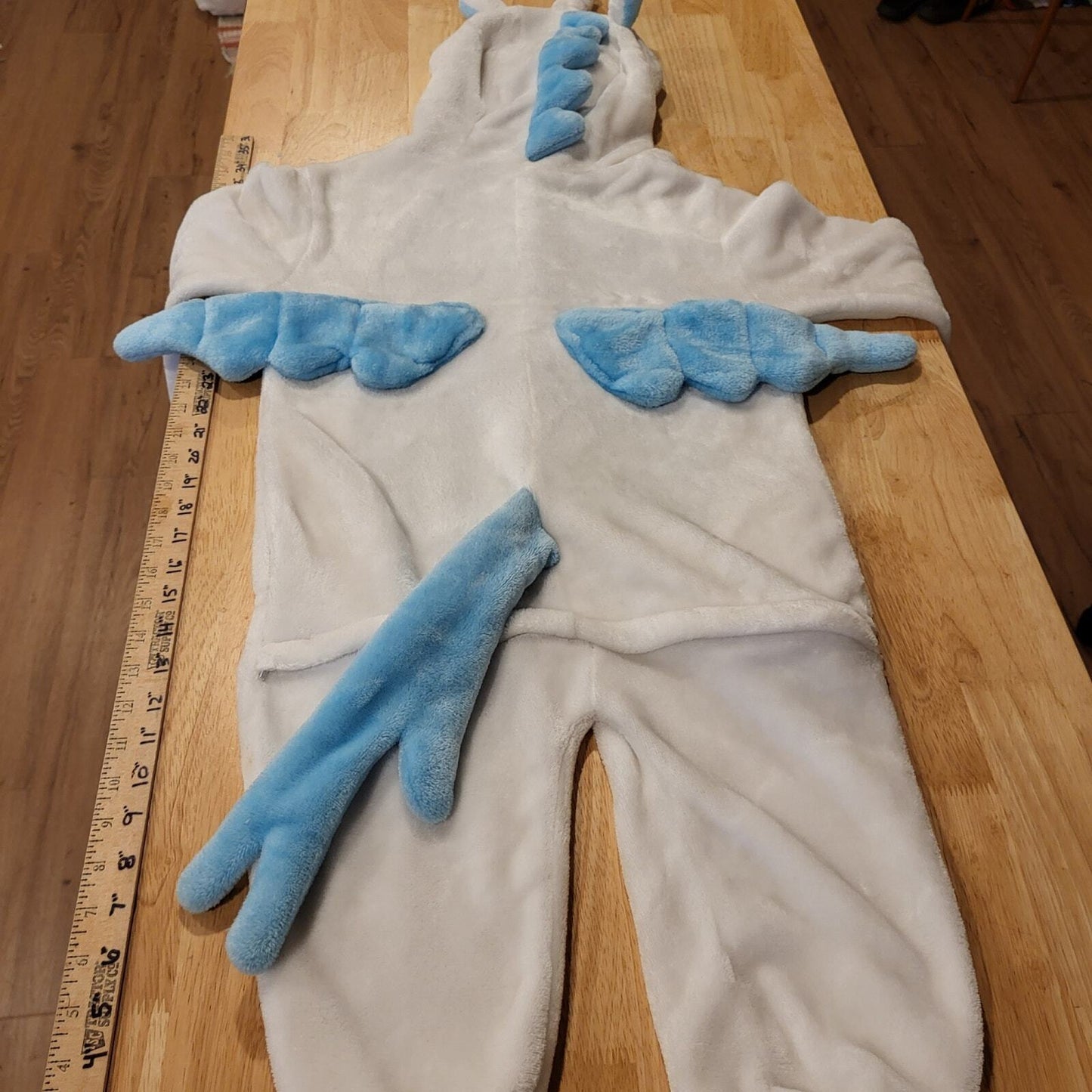 Blue & White Pegasus Unicorn Fuzzy One Piece Costume Button  hood wings horn 