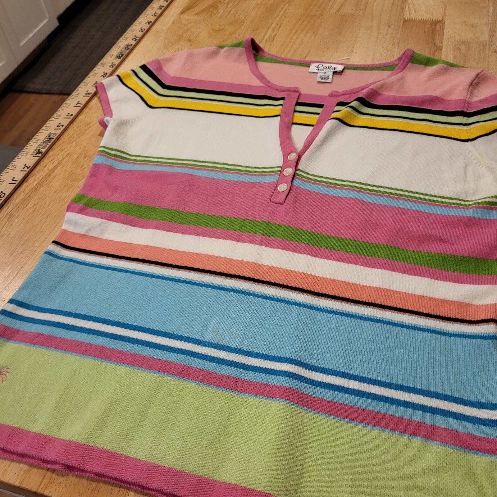 Lilly Pulitzer Pink Green Blue Stripe Knit Cap Sleeve Small Top 18" P2P Button