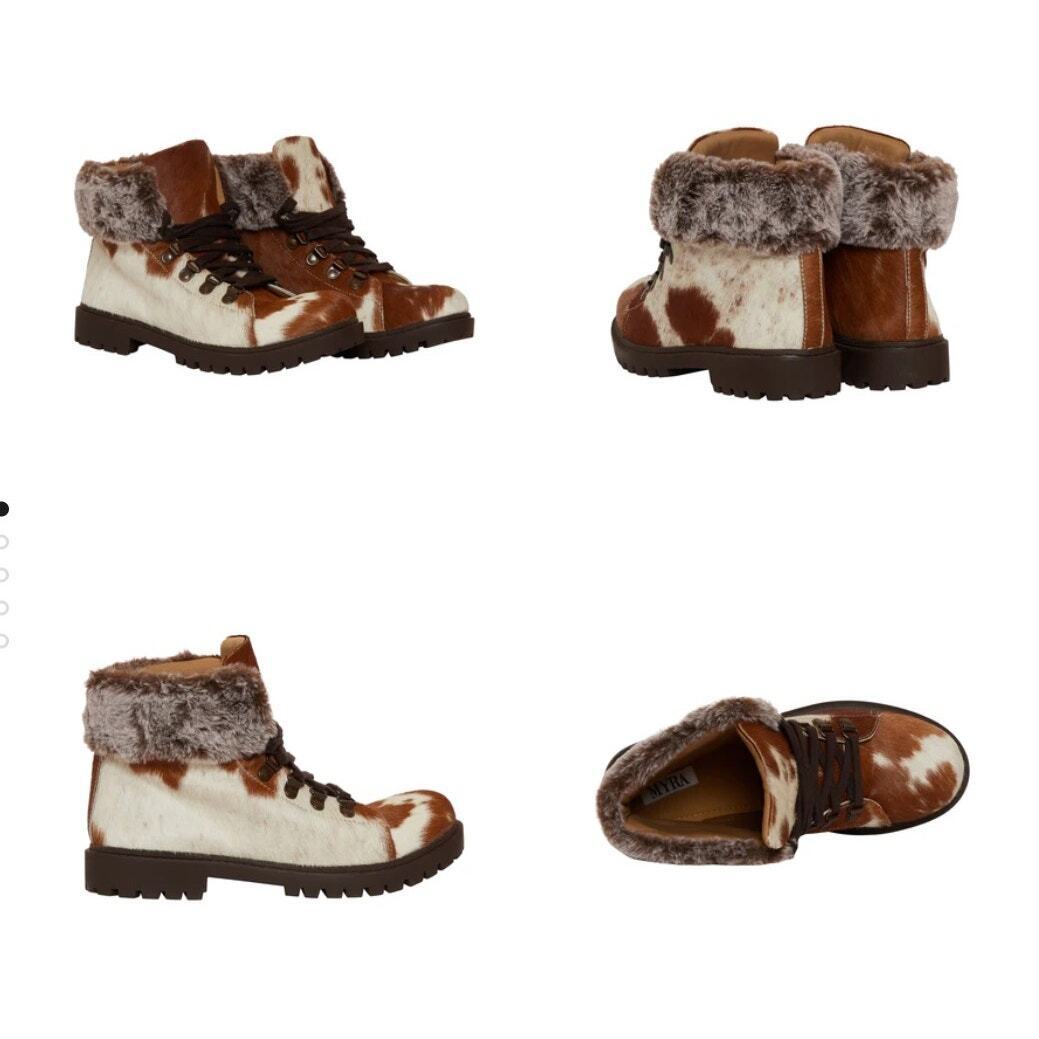 Myra Beaver Boots Hairon Cowhide Leather Fur Cuff Lace Up Rugged Sole 9