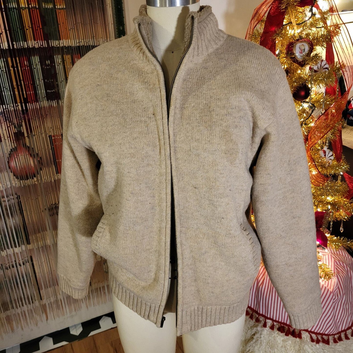 L. L. Bean Beige Wool Full Zip Fleece Lined Sweater  Medium See Photo for hole