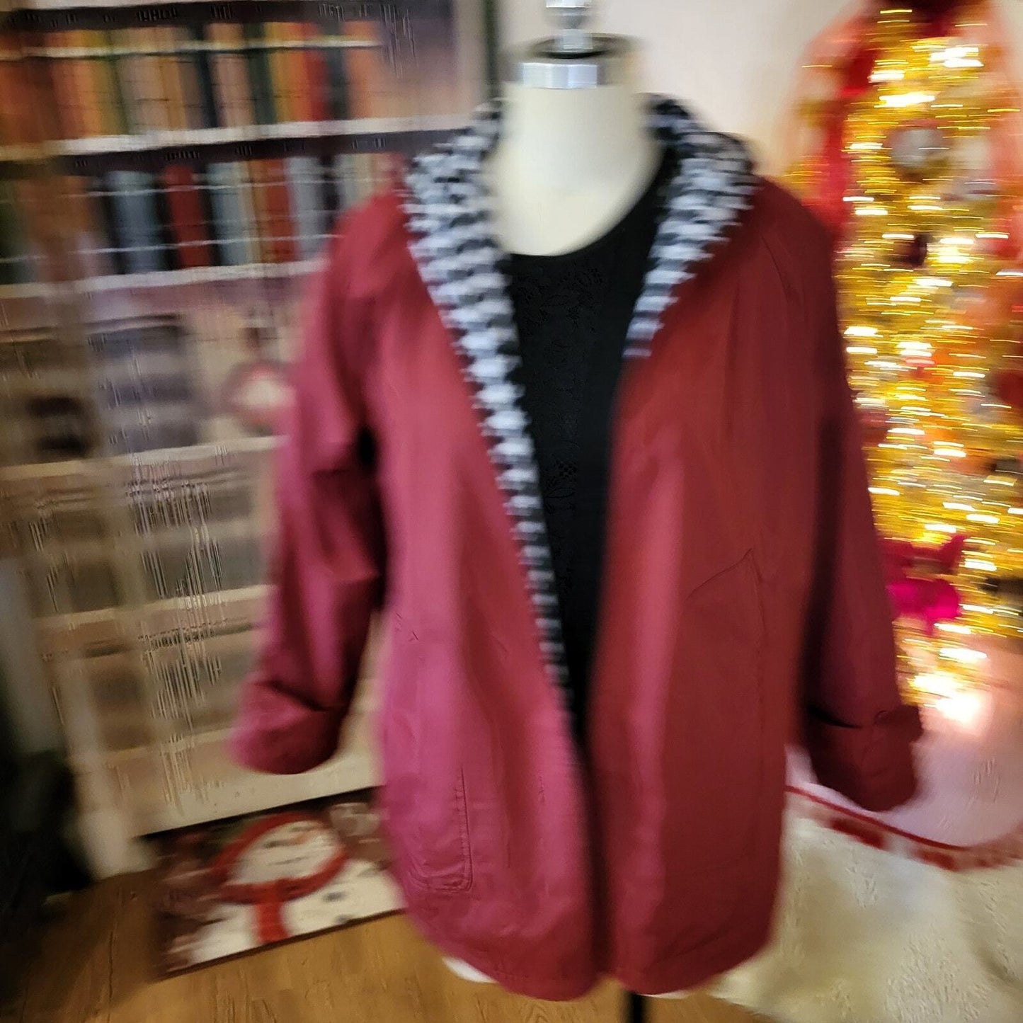 Giorgio Morandi Maroon Burgundy Fleece Reversable Houndstooth Rain Coat L