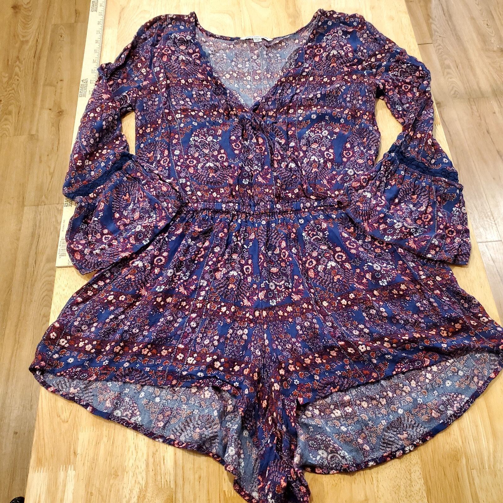 American Eagle Outfitters Purple Floral Long Bell Sleeve Romper Short Small 