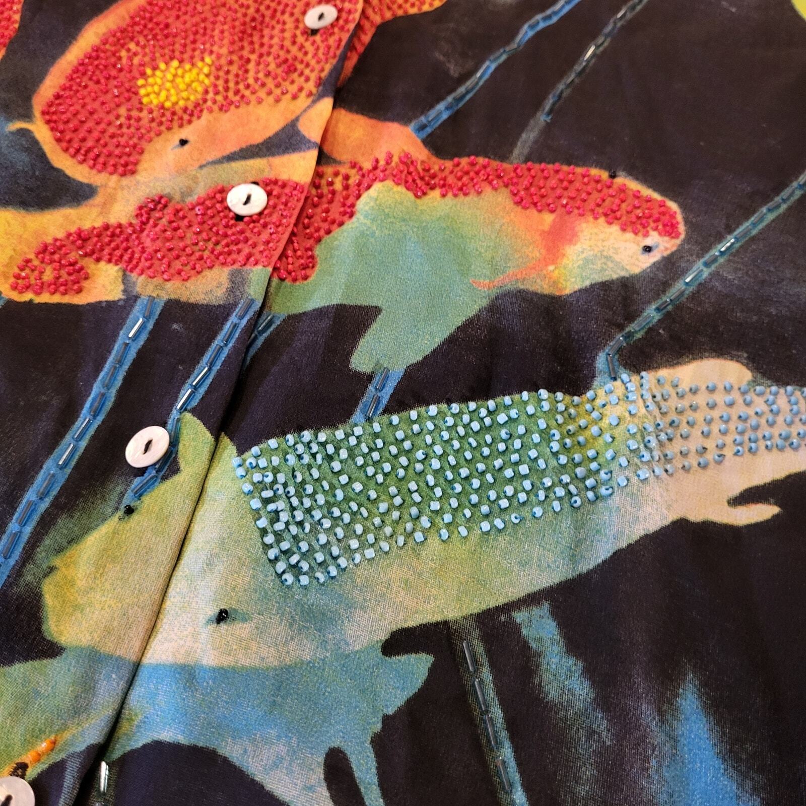 Nicole Taylor 100% Silk Batik Dyed Beaded Koi Fish Blouse  Collared. Button Down