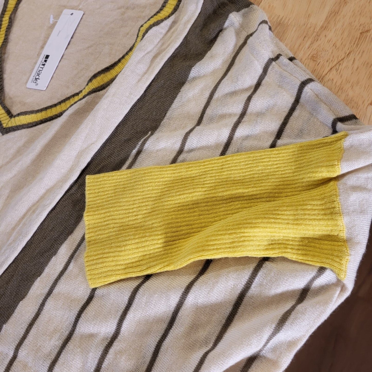 NWT La Made Yellow White Cotton Wool Cashmere Blend Stripe V-Neck Sweater