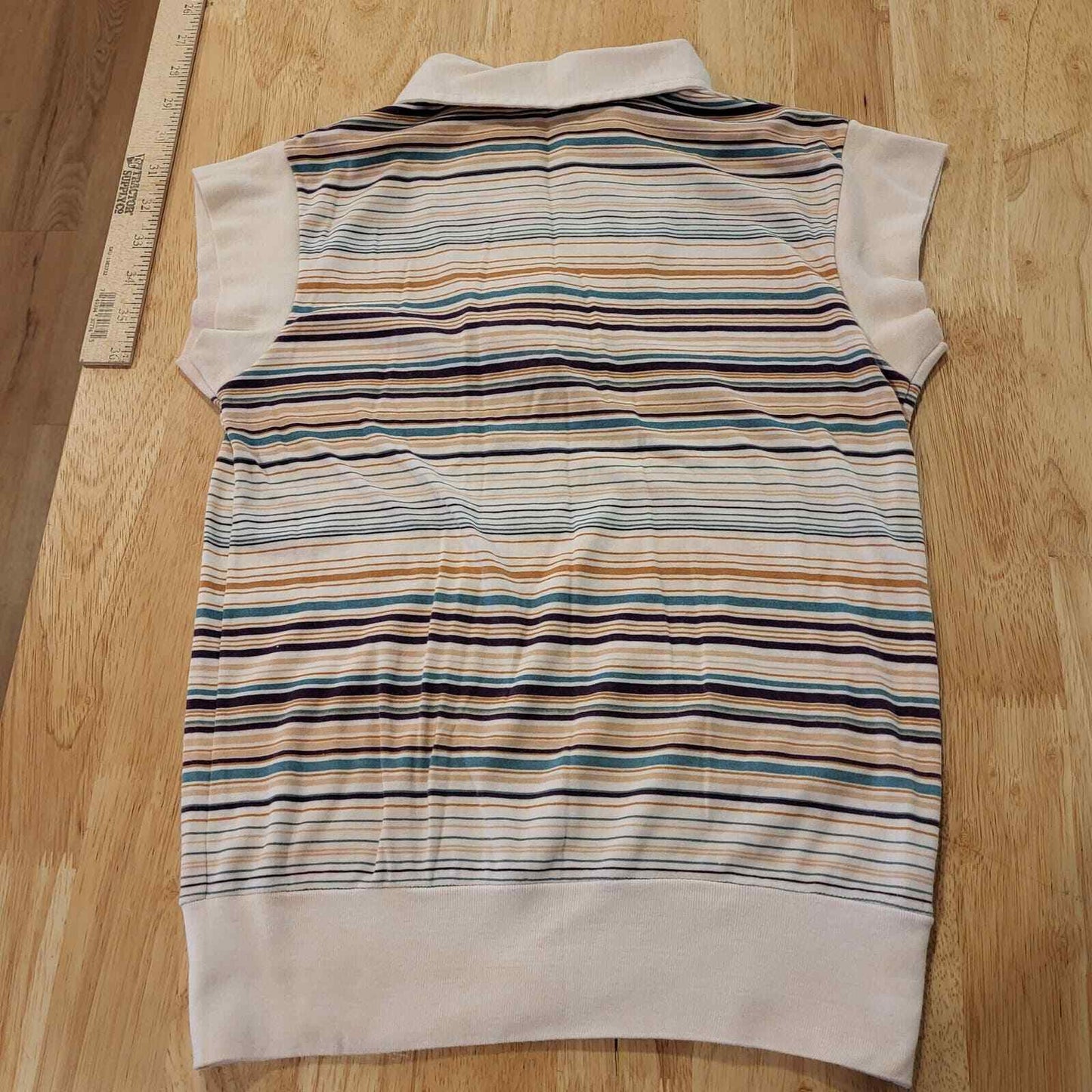Vintage Pastel & Neutral Striped Collared Cap Sleeve Knit Top Button 