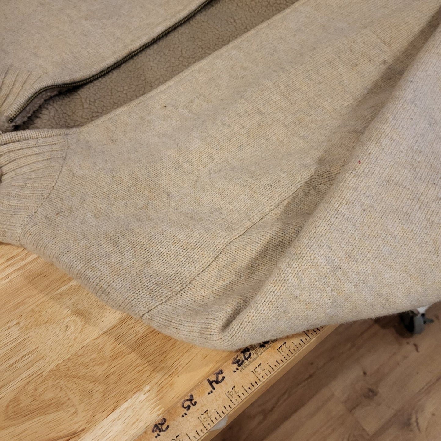 L. L. Bean Beige Wool Full Zip Fleece Lined Sweater  Medium See Photo for hole