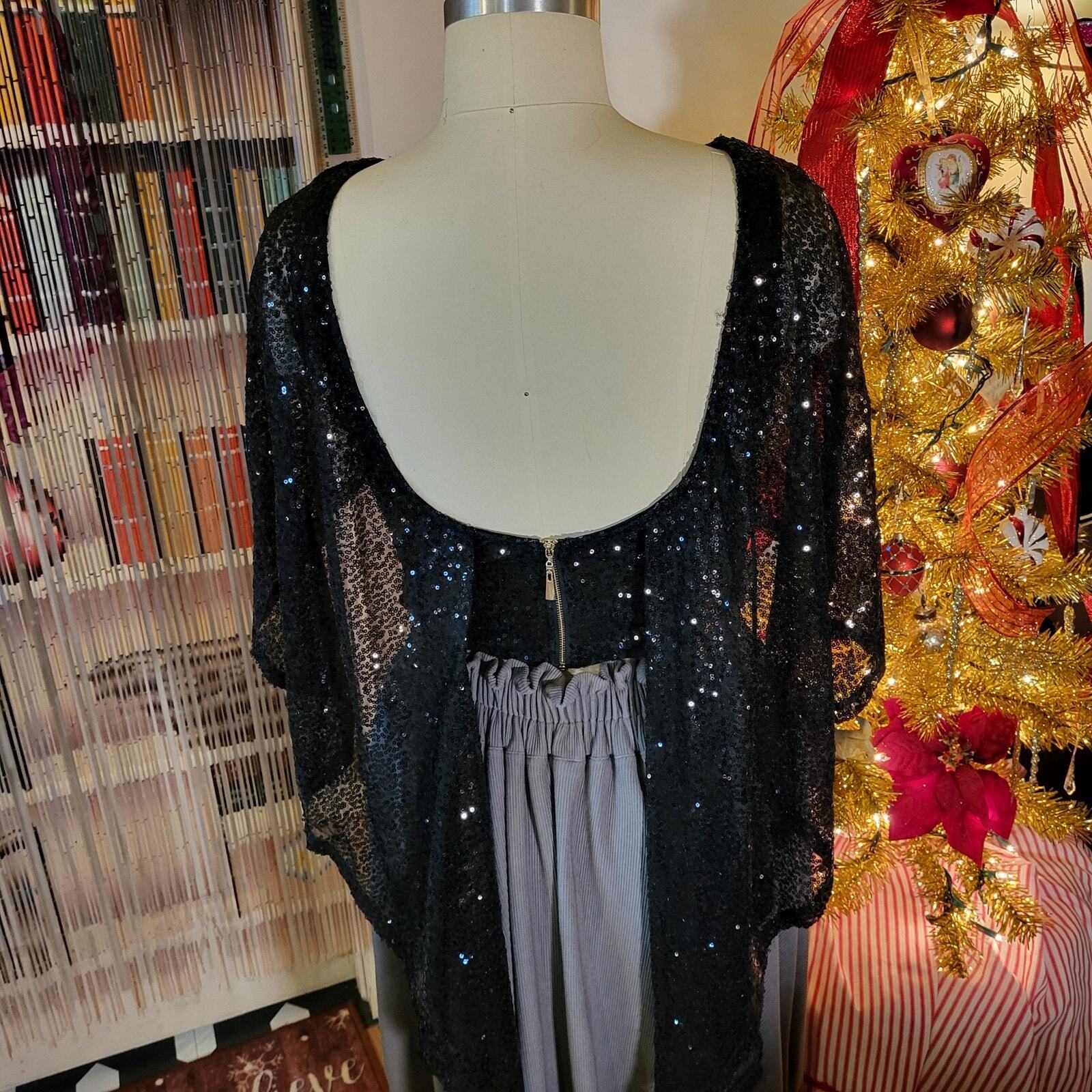 Black Sequin Bat Wing zip Back Blouse Cropped Pretty 