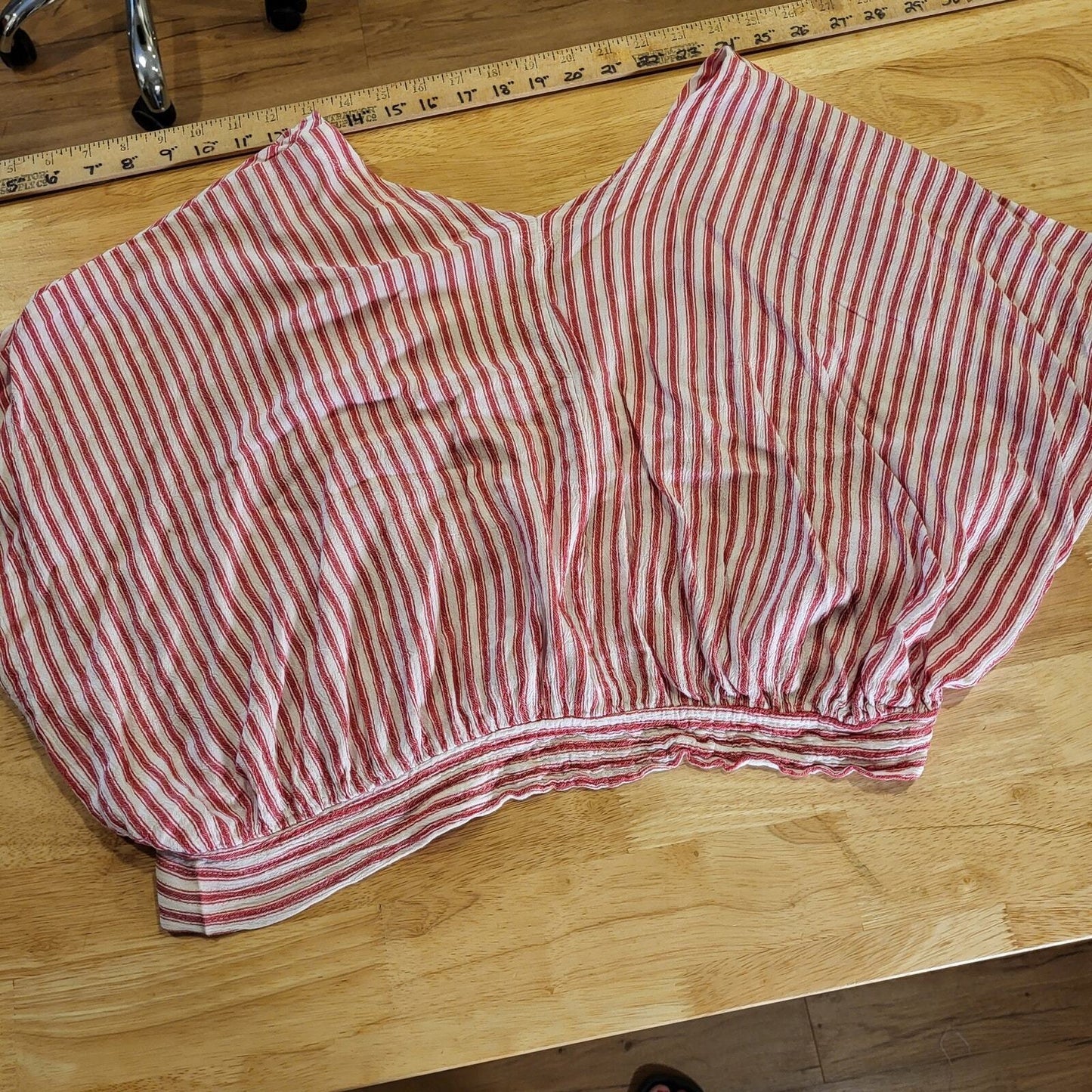 Red & White Striped Mustard Seed Soft Blouse V Neck Short Sleeve