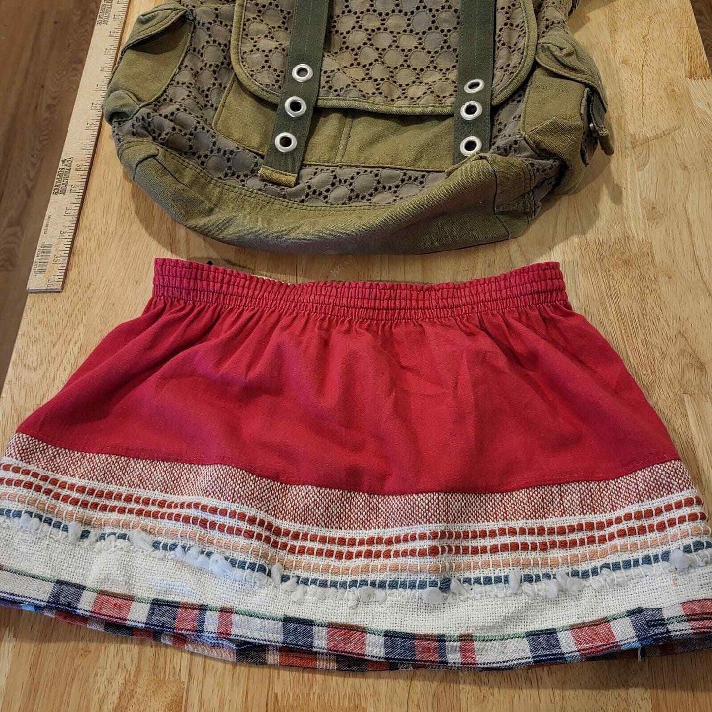 #upcycled vintage Red Elastic waist Mini Skirt Bohemian Hand Made 
