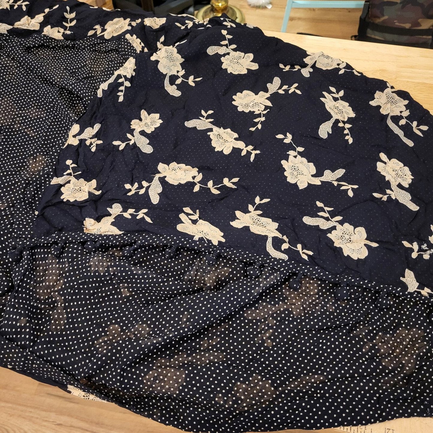 Beautiful Black Floral Silky Scarf White Floral Print 72" x 60" Polka Dots