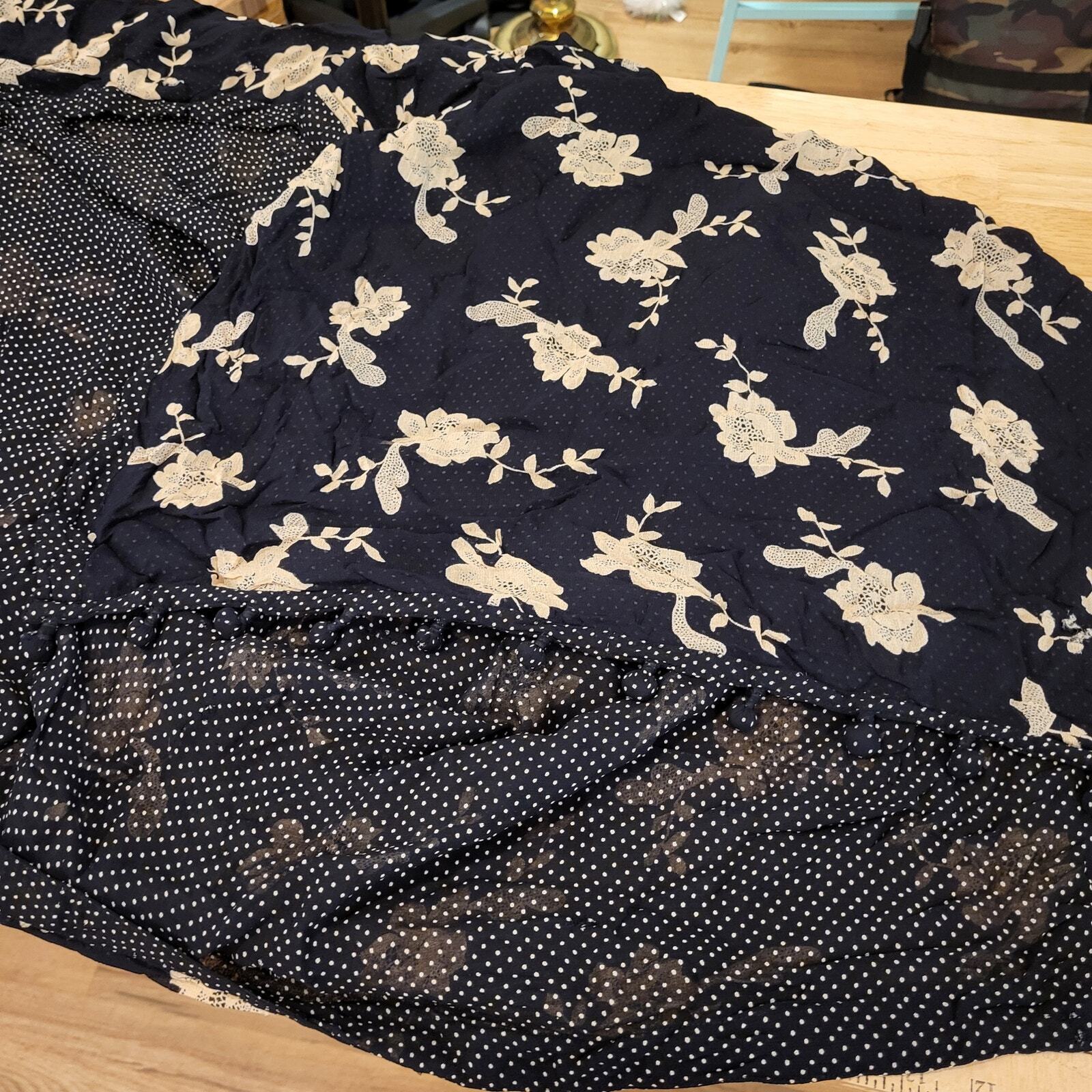 Beautiful Black Floral Silky Scarf White Floral Print 72" x 60" Polka Dots