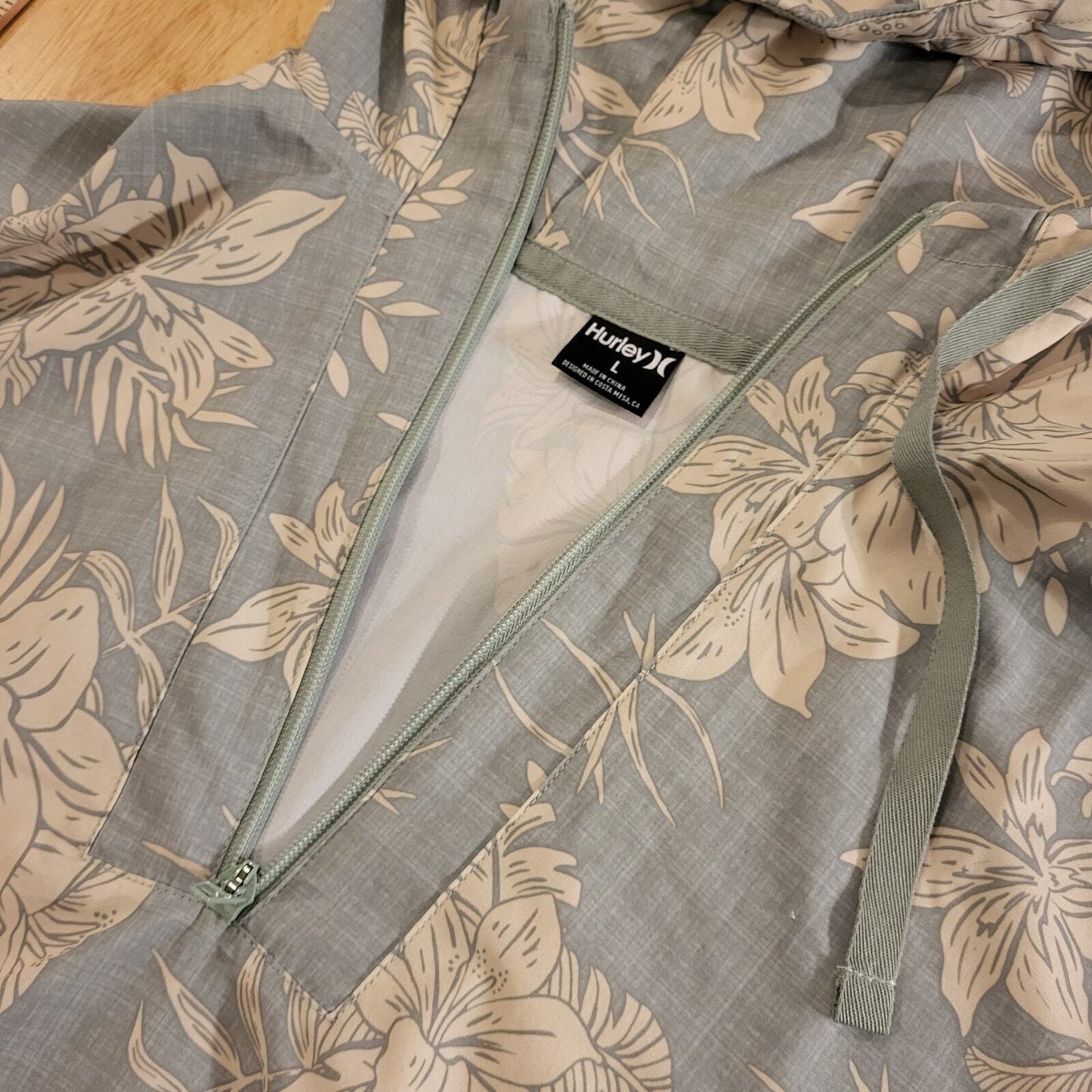 Hurley large green pullover zip long sleeve botanical Hood elastic waist pocket