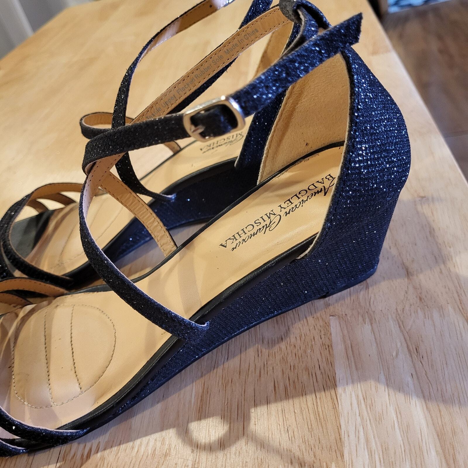 Badgley Mischka Black Rhinestone Strappy Wedge Worn Once Designer size 10