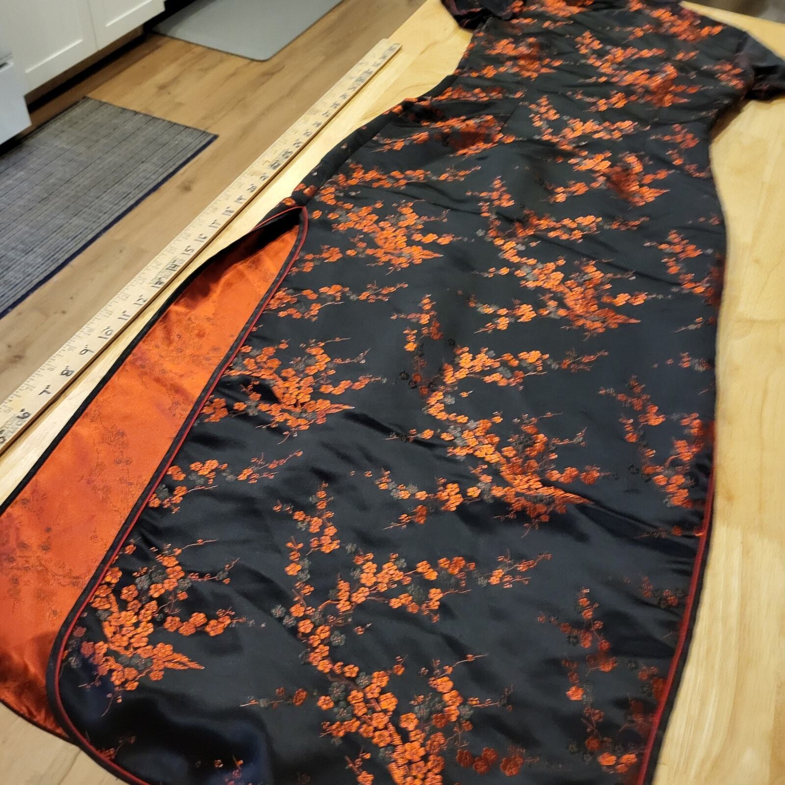 Black & Red Brocade Traditional Chinese Satin Floral Dress Mandarin Collar 15' p