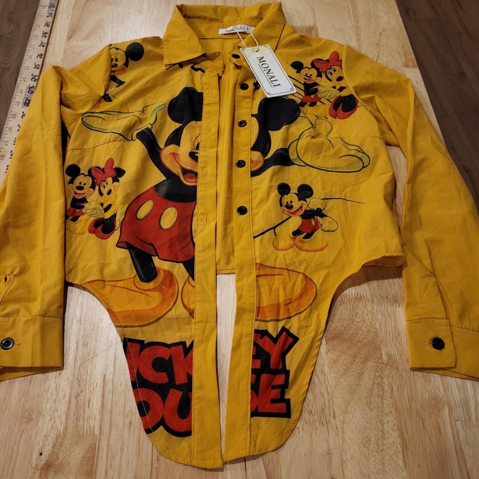 NWT Monali Yellow Cotton Mickey Mouse Blouse Tie Front Collared Button Down 