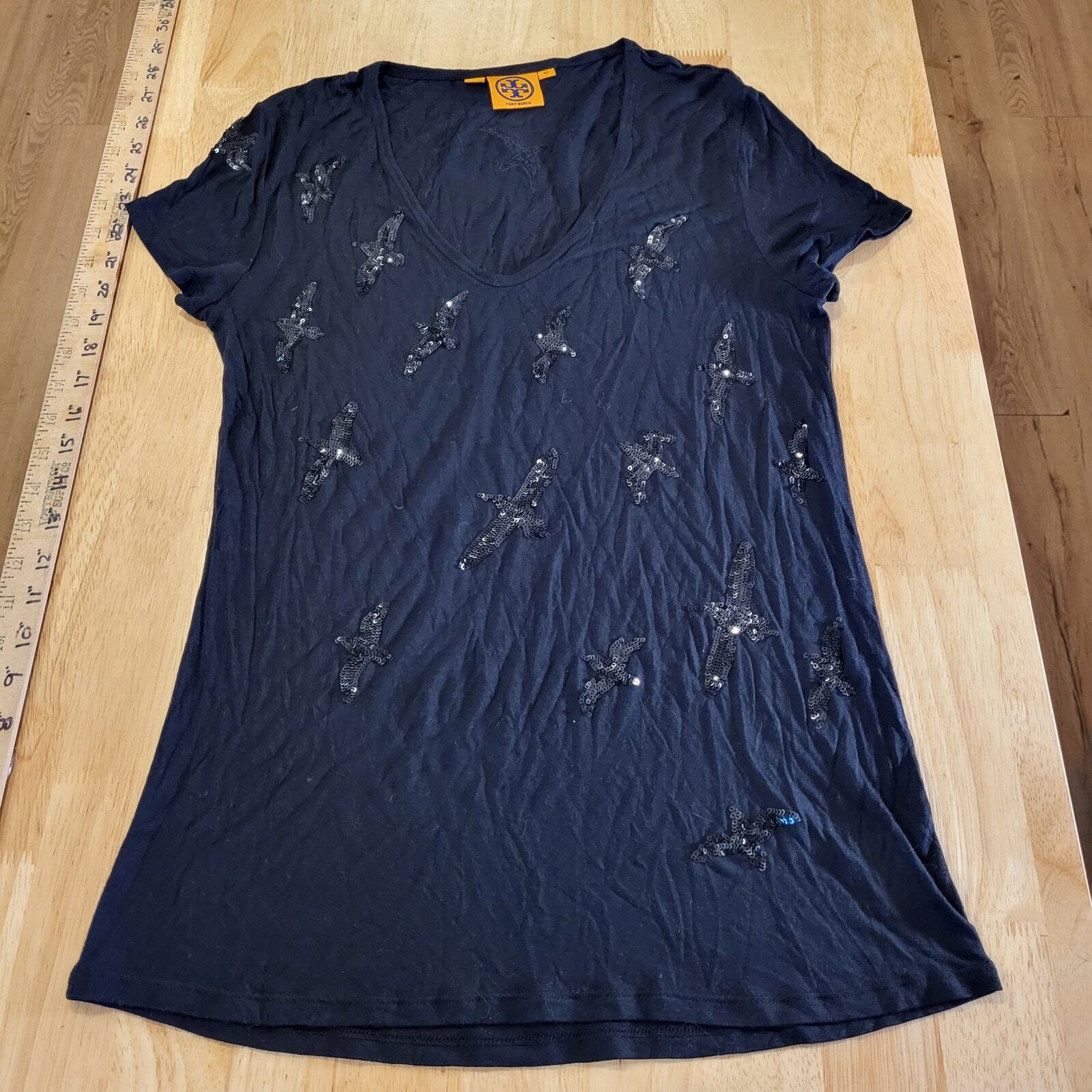 Tory Burch Black t-shirt Sequin Bird Embroidery XS 17" P2P 26" long 