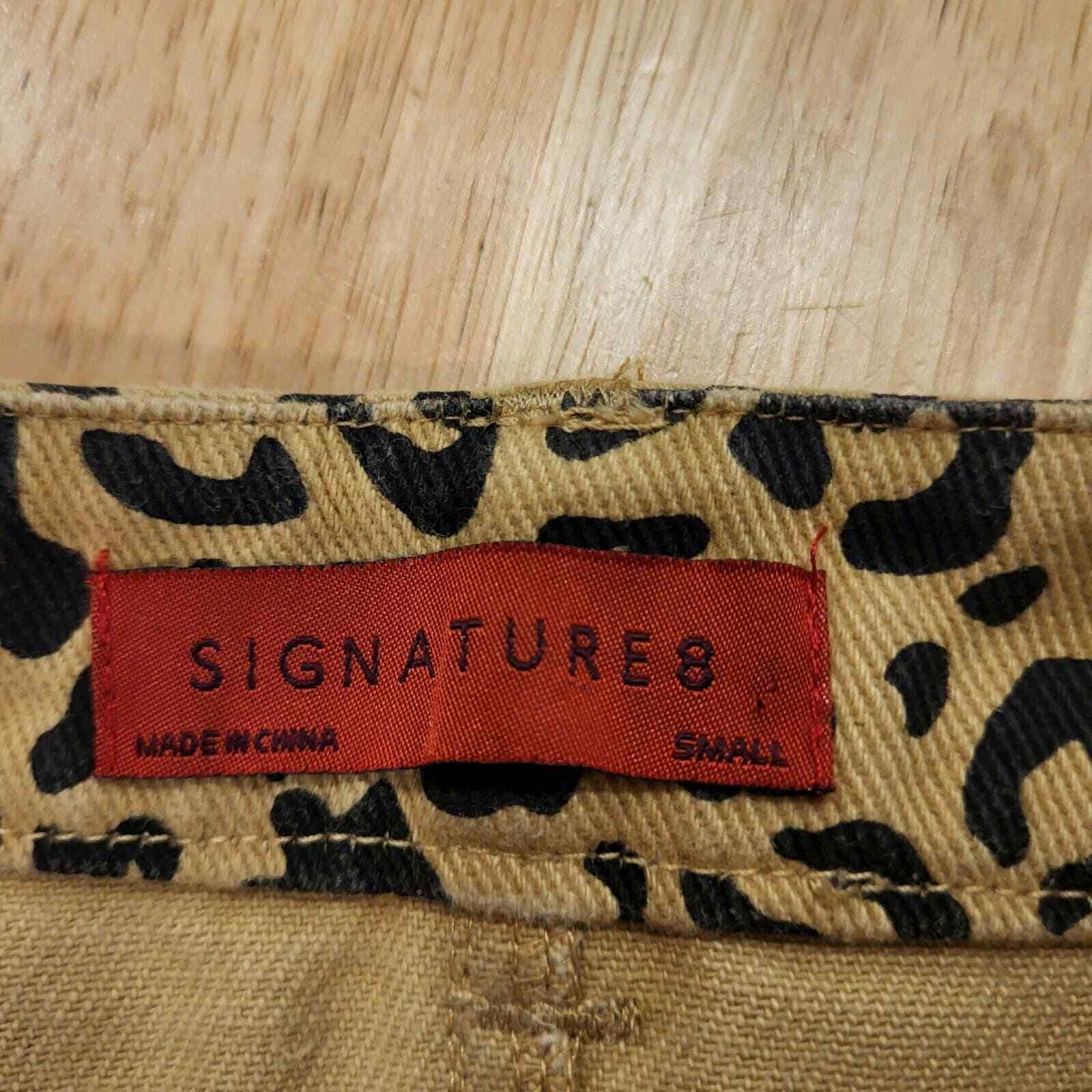 Signature 8 size small brown leopard print denim mini skirt exposed zipper