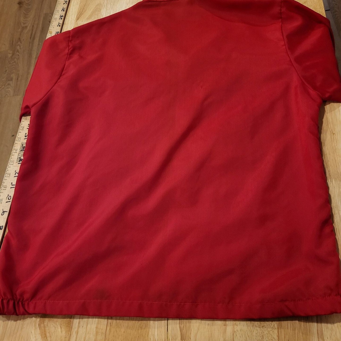 Red Nylon Vintage Jacket Zip 22" Pit to Pit Stripe Melroe Bobcat