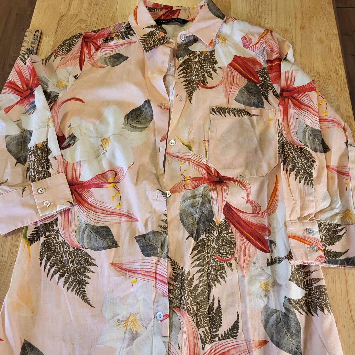 Zara Woman Pink Floral Tropical Shirt Dress Collared Button Belt Loop Small 